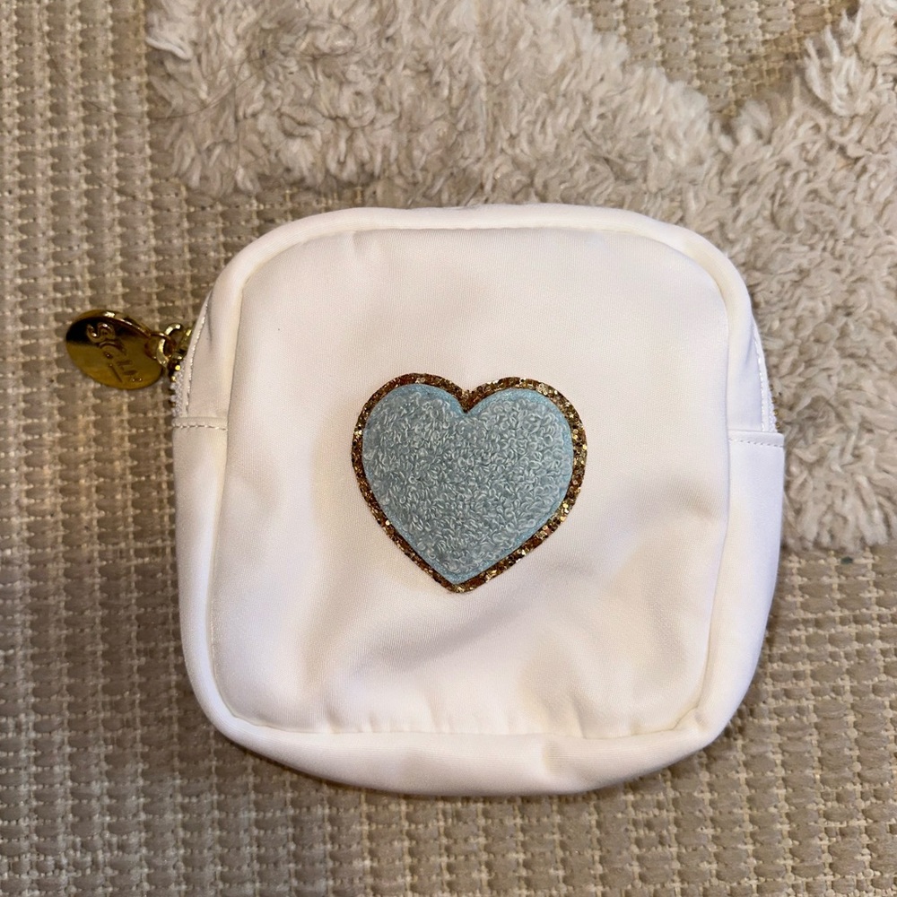 Stoney Clover Lane White Pouch with Glittery Blue Heart
